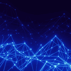 A dark background with a web of blue nodes and edges