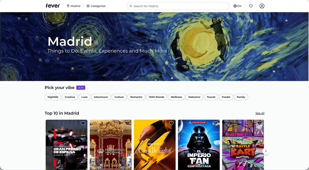 The landing page for Fever's platform