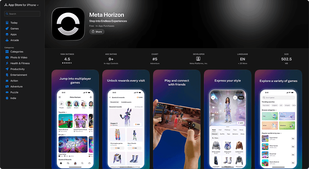 The app download page for Meta Horizon App